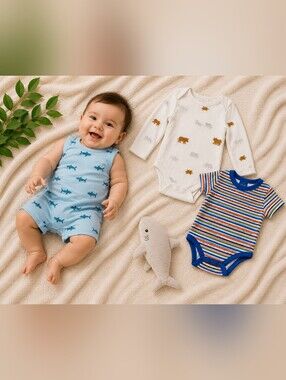 Carter’s Baby Boy Shark Romper & Bodysuit Bundle 6M #1083